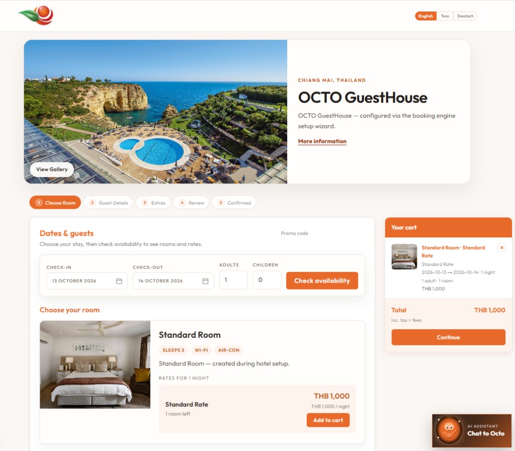 Guest booking page with rooms, dates, and cart