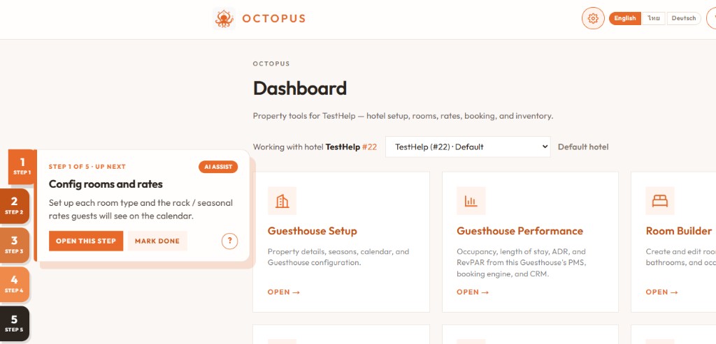 Guesthouse dashboard with setup steps, AI Assist, and property tools
