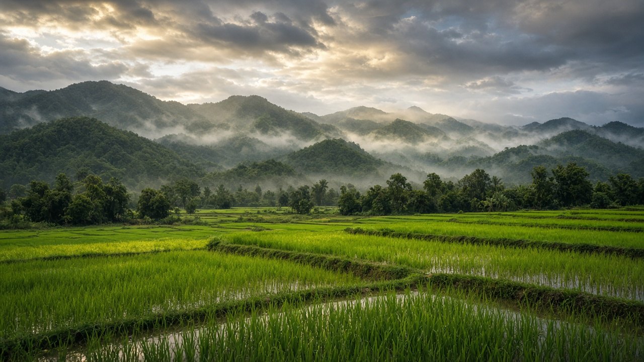 Mist over Chiang Mai mountains and rice country in September